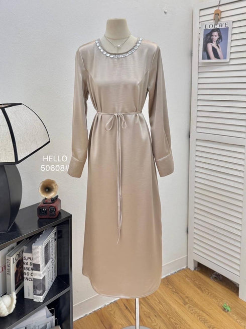 Crystal Decor Long Sleeves Long Satin Dress